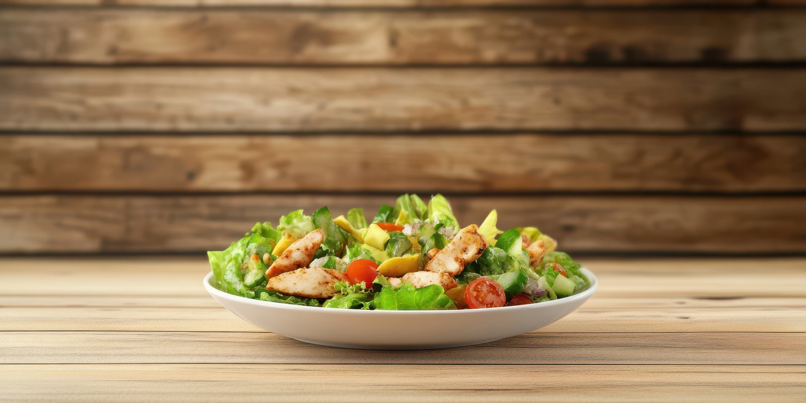Fresh salad with grilled chicken and vegetables served on a wooden table